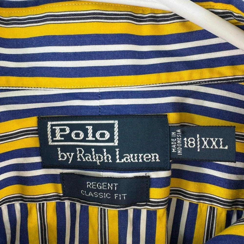Polo Ralph Lauren Regent Classic Fit Strip Shirt Men XXL Yellow Navy Blue Cotton
